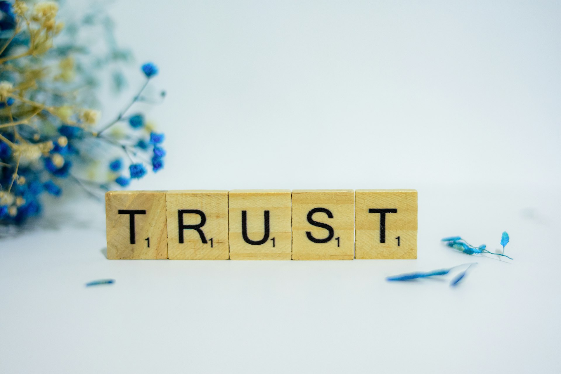 a wooden block that says trust, surrounded by blue flowers