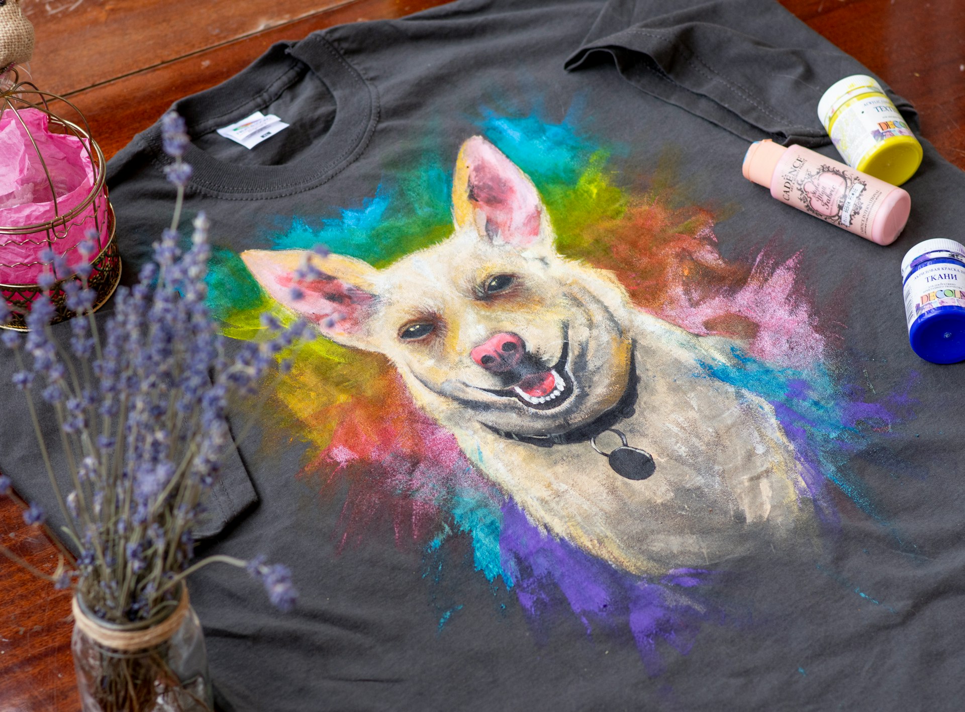 black purple and yellow dog print crew neck shirt print on demand